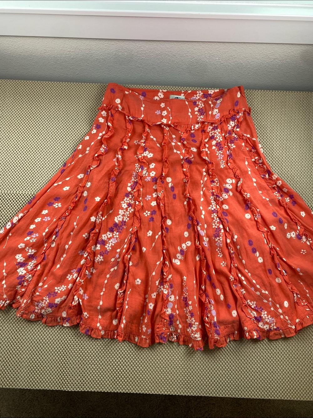 Odille Coral-Orange Floral Ruffle Skater Skirt